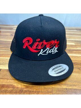 River Kidz black hat with red/ white lettering, trucker hat, snapback, 5 panel